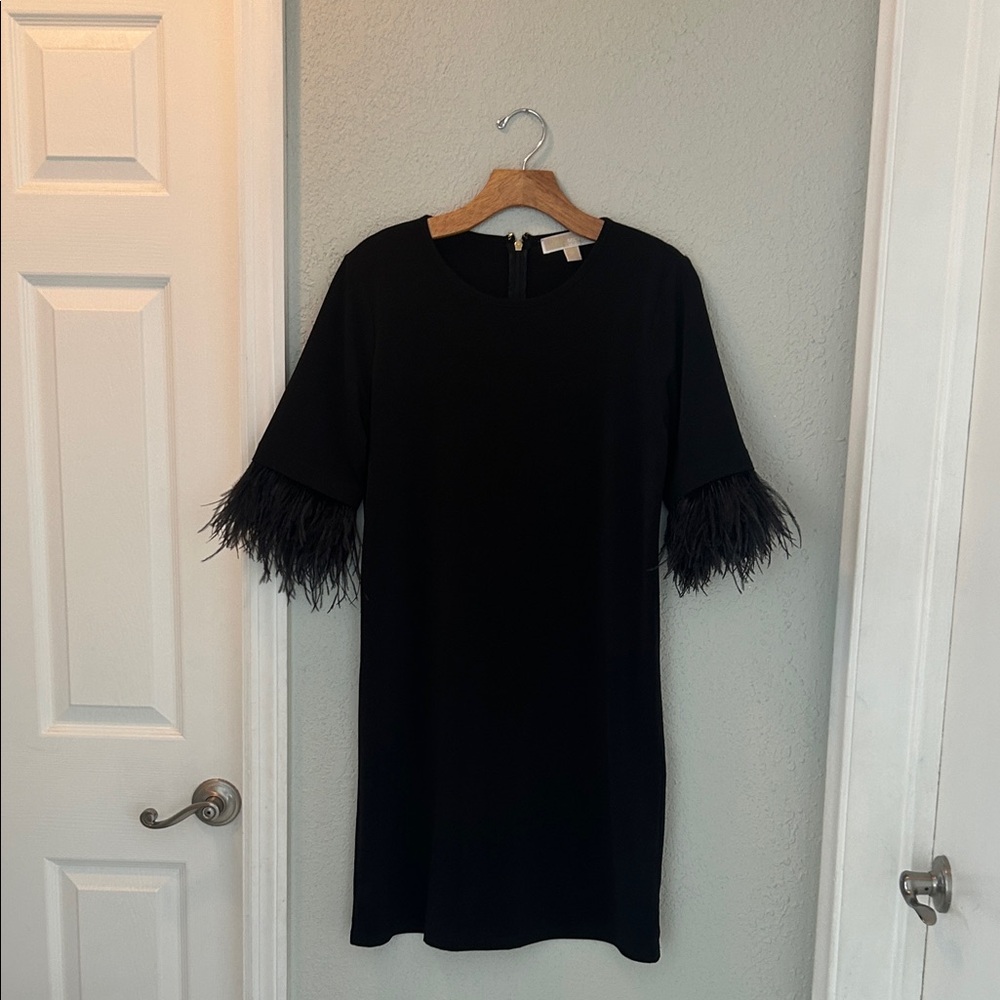 Michael Kors Black Mini Dress with Ostrich Feather Sleeve Trim